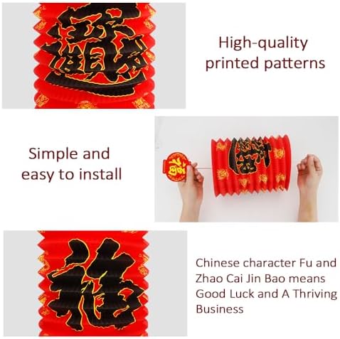 Chinese New Year Lanterns Decoration 2026, 6 Pcs Lunar New Year Red Fu Paper Lanterns, 6.2 x 11 Inches Lucky Fu Character Lantern Lunar Spring Festival Ceiling Hanging Decor for Home Restaurant Store