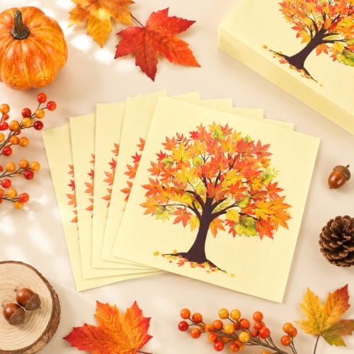 Konsait Fall Napkins - 50 Pack Maple Tree Fall Luncheon Paper Napkins, Disposable Autumn Napkins for Harvest Party Holiday & More, 6.5 x 6.5 Inches, 2-Ply