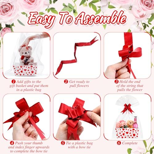 Moinchore 12 Set Mother's Day Basket for Gifts Empty 9.8x6.5'' Red Heart Market Tray Cardboard with Bows, Cellophane Bags, Twist Tiles, Empty to Fill for Valentine Birthday Bridal Wedding Party Supply
