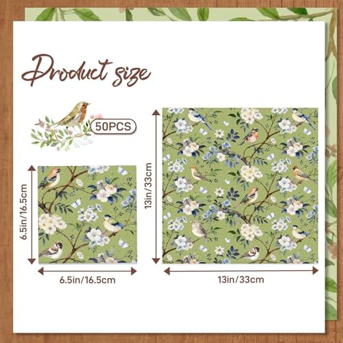 Vintage Floral Birds Paper Napkins - 50Pcs, 2Ply, 6.5 x 6.5 Inches
