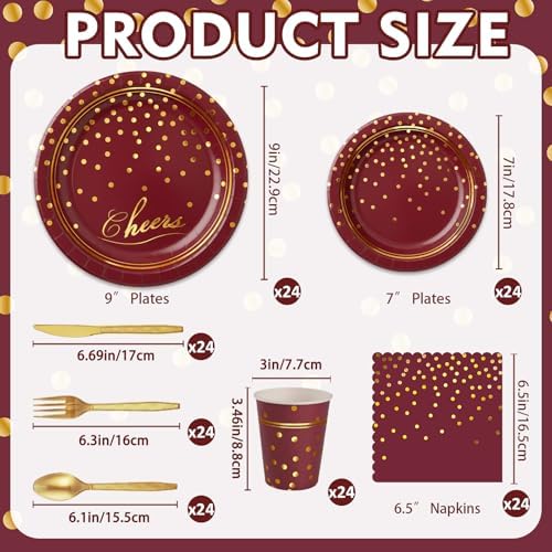 168Pcs Maroon and Gold Paper Plates and Napkins Party Supplies for 24 Guest