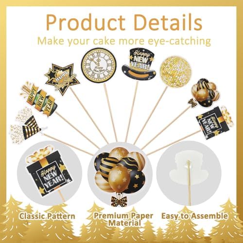 Happy New Year 2027 Cupcake Toppers, 24 PCS Happy New Year Decorations, Black and Gold Cupcake Toppers Cake Decorations Food Picks for New Year's Eve 2027 Party Decoration Supplies, 8 Designs
