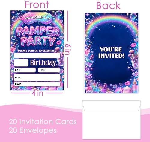 Pamper Birthday Invitation Girl, Pamper Spa Double-Sided Fill In Style Invites with Envelopes for Birthday, Glitz Glam Makeup Glow Party Invitation For Girls, Teens, Bday Party Favor & Decoration