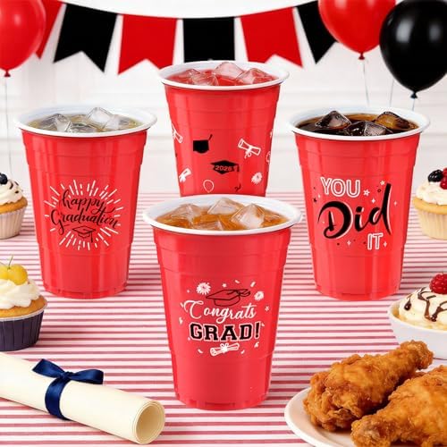 Graduation Decorations 2026 Party Cups - 50pcs 16 Oz Red and Black Disposable Graduation Plastic Cups for School Class of 2026 Grad Celebration Party Favors Supplies (5 Designs)