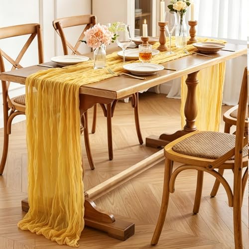 3Pcs Yellow Table Runner, 10FT Rustic Gauze Gold Table Runner 35*120inch Boho Table Runners for Wedding Bridal Shower Birthday Baby Shower Table Centerpiece Decorations