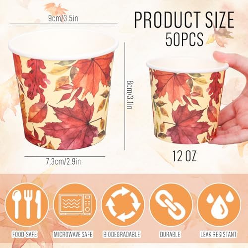 FYSUIMU 50Pcs 12Oz Fall Maple Leaf Kraft Paper Soup Containers with Lids Autumn Paper Food Bows Disposable Cups for Thanksgiving Party Storing Food Carrying Out