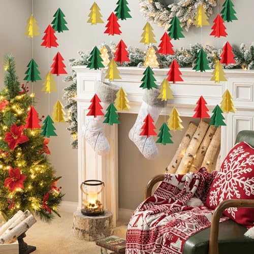 BEISHIDA Red Green Gold Christmas Decorations, 2 Pcs 3D Christmas Tree Paper Garland Xmas Hanging Ornaments Party Decorations for Baby Shower New Year Party Supplies
