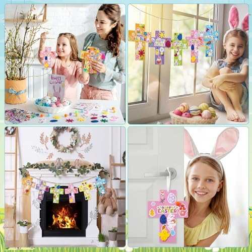 Funrous 48 Sets Crafts Kit Paper Crafts DIY Make Your Own Hanging Ornaments with Pompoms Diamond Stickers for Holiday Classroom Activities Party Favors, Easter Cross