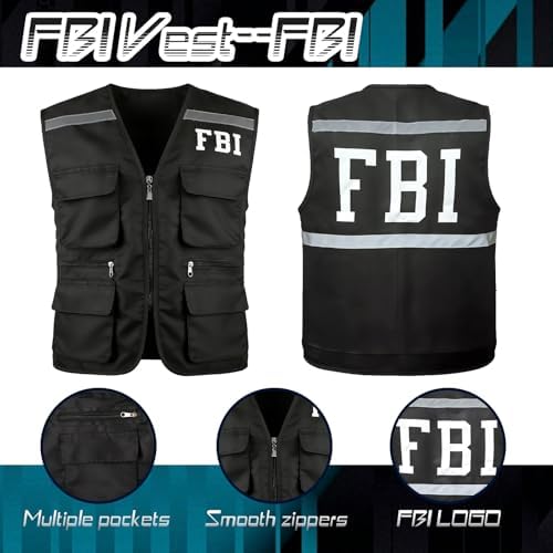 4pcs FBI Costume Men Women, FBI Agent Costume Include Vest Hat Badge and Police Sunglasses for Roleplay Halloween Party