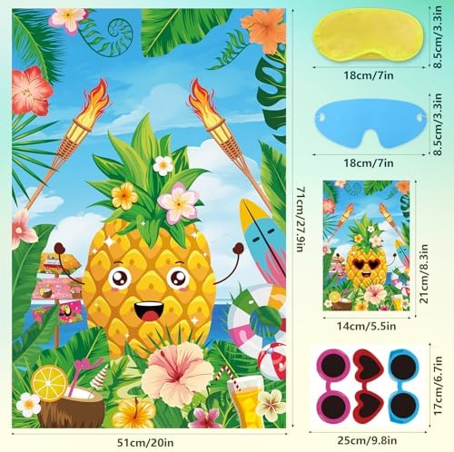 Hooqict Luau Party Game for Kids Pin the Sunglasses on the Pineapple for Summer Tropical Tiki Luau Party Supplies Decorations, Large Hawaiian Pin The Tail Game Poster with 27 Pineapple Stickers