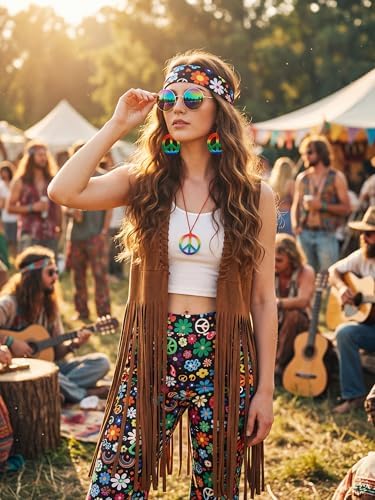 SOMSOC 7 Pieces 60s 70s Women Hippie Costume Fringe Vest Bag Pant Headband for Disco
