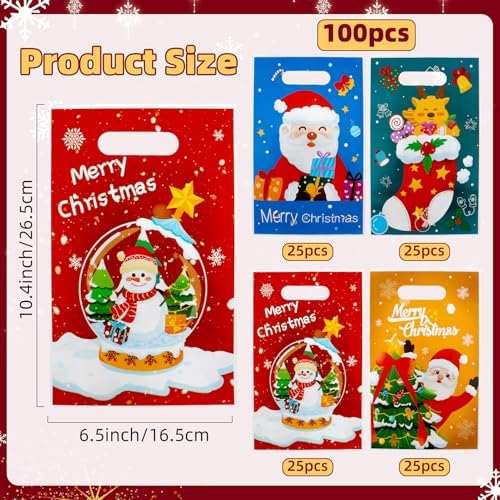 100 PCS Christmas Treat Bags with Handles, Christmas Goodie Bags, Xmas Gift Bag, Plastic Snowman Santa Claus Candy Goody Cookie Snack Bag Holiday Party Favor Bag for Xmas Winter Party Favor Supplies