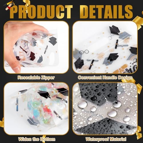 Engrowtic 100 Pcs Graduation Treat Bags Resealable 2026 Congrats Grad Gift Bags Black and Gold Plastic Snack Goodie Pouches with Handles for Graduation Party Favors Supplies