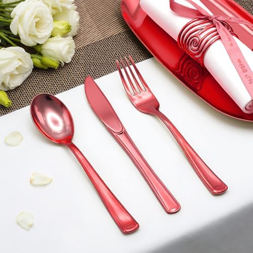 Glowserve 153 Pack Red Disposable Plastic Silverware Set Cutlery Set