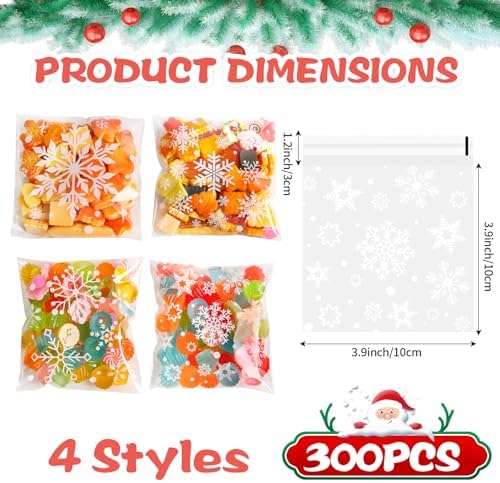 FOIMAS 300pcs Christmas Cellophane Treat Bags, Self Adhesive Snowflake Candy Cookie Bag Small Plastic Goodie Bags with Snowflake Bags for Xmas Party Favor Supply