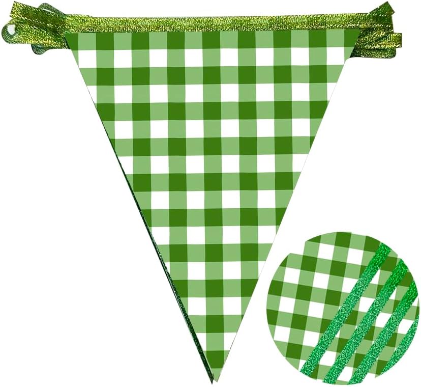 Glitter Green Party Pennant Banner Flag Green Buffalo Plaid Hanging Paper Triangle Bunting for Birthday Christmas Holiday Wedding Shower Bridal Shower St Patrick's Day Party Decorations Supplies