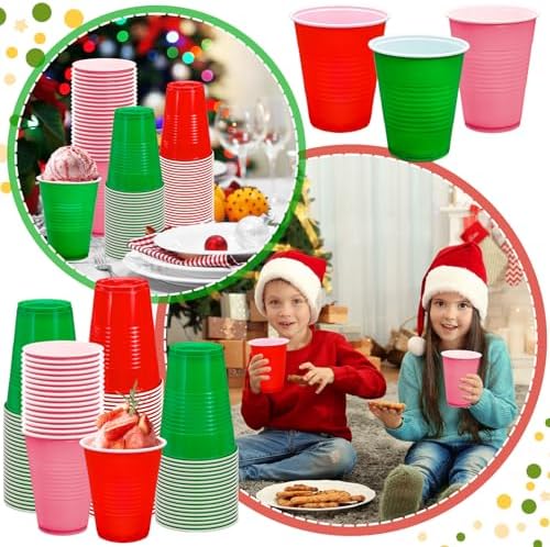 JarThenaAMCS 150Pcs Christmas Plastic Cups 16Oz Red Pink Green Disposable Drinking Cup Stackable Party Cups for Xmas Indoor Outdoor Event Supplies