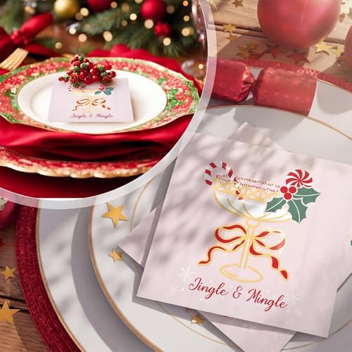 Chiisong 100 Pcs Cocktail Napkins Christmas Cheers Pink Gold Stamping