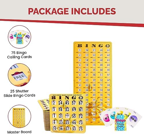 MR CHIPS Jam-Proof Bingo Cards with Sliding Windows, 25 Reusable Shutter Cards, 75 Calling Cards 1 Master Board in Gold Rush Style