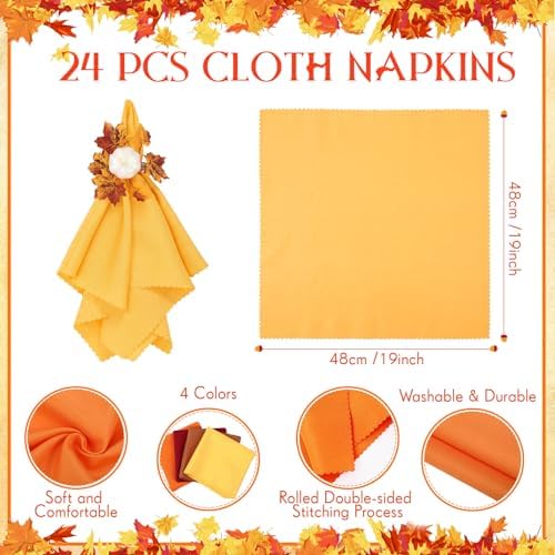 LemonRoad 36 Pcs Cloth Napkins and Napkin Ring Holders, Reusable Fabric for Table Decor Banquet Holiday Dinner Party Supply (Orange, Burgundy, Gold, Coffee, White,Fall)