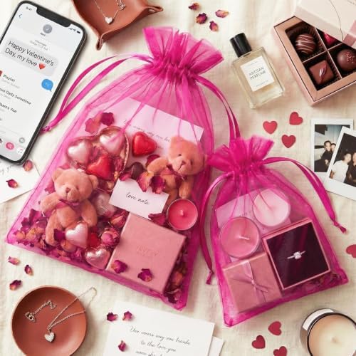 FUNFERY 100PCS Hot Pink Organza Gift Bags 6x9in,Drawstring Jewelry Pouch