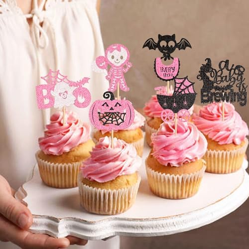 Ercadio 30Pcs Pink Halloween Baby Shower Cupcake Toppers A Baby Is Brewing Cupcake Picks for Boo Theme Gender Reveal Girls Halloween Birthday Cupcake Cake Decors Supplies