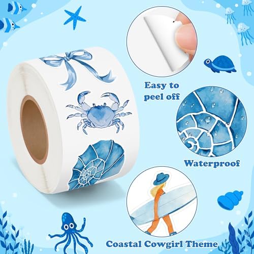 H1vojoxo Coastal Cowgirl Sticker Rolls - 1000PCS Summer Decorative Aesthetic Blue Ocean Beach Sea Animal Stickers for Girls 16 Styles Sea Turtles Conchs Vinyl Decals for Scrapbook Craft Water Bottle