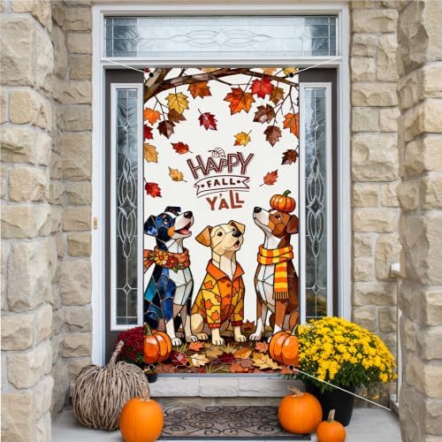 Fall Door Cover,Maple Leaves Dogs Thanksgiving Banner Fall Decor