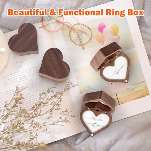 LETURE Wooden Heart Shape Ring Gift Box with Single Slot 2 Slot, Personalized Vintage Wood Jewelry Box for Proposal Engagement Wedding Ceremony Anniversary (White -2 Slot)