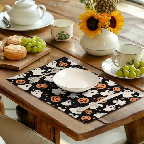 Halloween Placemats Set of 4 12x18 Inch Cute Ghost Pumpkin Table Mats Orange and Black Spooky Rustic Farmhouse Place Mat for Party Kitchen Dining Fall Decor
