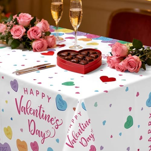 Gistome 3-Piece 54 x 108 Inch Valentine’s Day Plastic Tablecloth – Colorful Candy Heart Disposable Table Covers for Valentine’s Parties, Weddings, Classrooms, and Romantic Celebrations