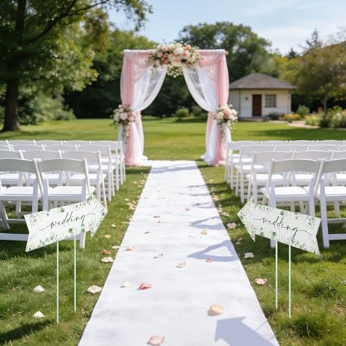 8 Pcs 17 × 8.5" Wedding This Way Directional Parking Signs Road with Stakes Large Double Sided Direction Printed Ceremony Reception Lawn Yard Arrow Sign Exquisite Plastic Rainproof (Green Leaves)
