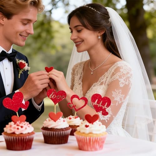24Pcs Valentine's Day Cupcake Toppers, Glitter Red Heart Cake Decorations