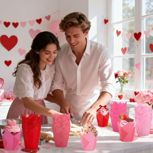 Whaline 200Pcs Valentine's Day Tulip Cupcake Liners Muffin Baking Cups Gradient Red Pink Cupcake Wrappers for Wedding Anniversary Party Supplies Table Decor