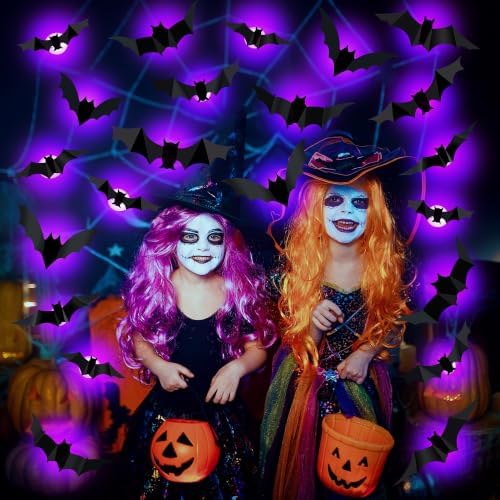 36 PCS LED Purple Lighted 3D Bats Halloween Decoration,5 Sizes & 4 Shapes