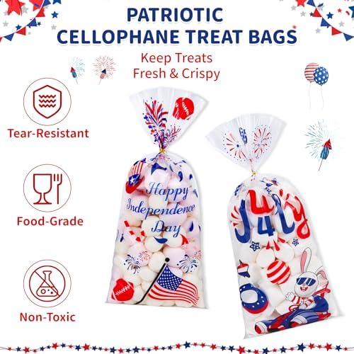 QOIUSO 50 Pcs 4th of July Cellophane Treat Bags - Patriotic Candy Goodie Bags with Gold Twist Ties - Clear Independence Day Party Favor Bags for Cookies, Snacks, Gift Packaging Supplies
