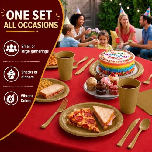 350 Pcs Gold Plastic Plates for Party Gold Disposable Plates Set 50 of Each 9 Dinner Plate Set 7 Dessert Plate Cups Napkins & Cutlery Plastic Dinnerware Set Exquisite