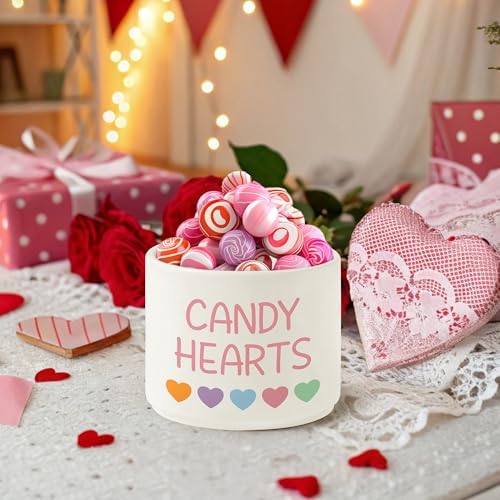 Candy Dish Cauldron - Valentine's Day Mini Ceramic Candies Bowl Tiered Tray Decor, Snack Serving Bowl Table Wishes Accents for Valentines Themed Party Home Kitchen Gifts (Pink Candy Hearts)