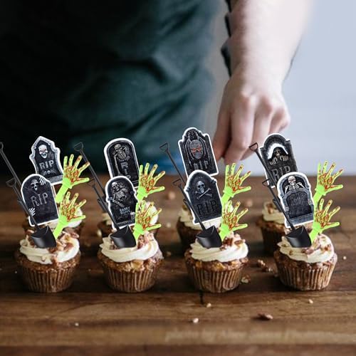 Rsstarxi 60 Pack Halloween Skeleton Zombie Hand Cupcake Toppers Shovel Spoons Spooky Graveyard Cupcake Picks Halloween Cake Decorations for Horror Theme Birthday Party Decorations