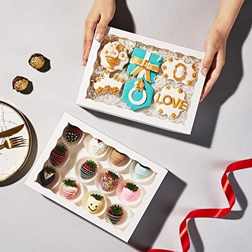4 Pack 10x7x2.5Inches White Strawberry Boxes with Display Window, Bakery Dessert Containers for Cookies, Donuts, Macarons, Muffins & Hot Cocoa Bombs, Elegant Gift Packaging for Treatss