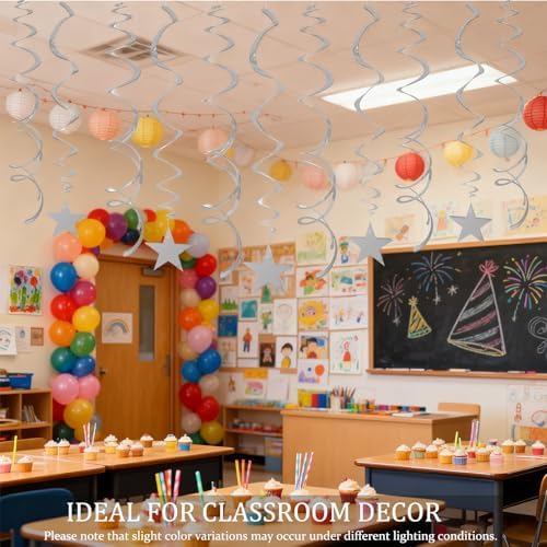 40Pcs Silver Star Hanging Swirls Party Decorations Plastic Spirals Streamers Foil Ceiling Decor for Birthday Bridal Showers All Kinds of Parties Classroom Home Party Favors