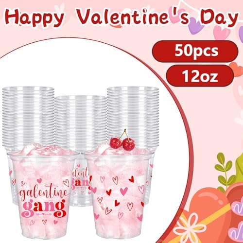 Whaline 50 Pcs 12 Oz Galentines Day Disposable Cup Plastic Party Cup Galentines Gang Heart Clear Glasses for Girls Ladies Valentine's Day Party Coffee Juice Drink Supplies Decorations