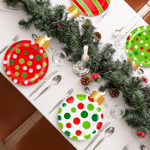 Whaline 60 Pcs Christmas Ball Paper Plates Dinner Plates 9 Inch Red Green Dots Stripe Christmas Ball Shape Disposable Plates for Xmas Winter Holiday Party Table Decor Supplies