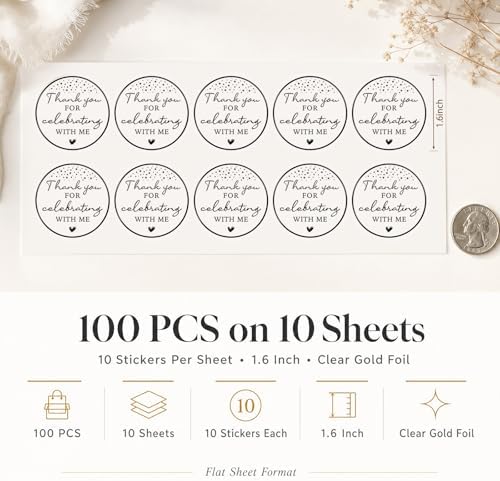 100PCS Thank You for Celebrating with Me Stickers, Clear Black Foil Party Favor Labels for Birthday, Baby Shower, Bridal Shower, Graduation & Gift Bag Packaging 1.6 Inch