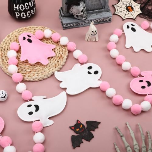 Jansun Pink Ghost Garland 3D Felt Halloween Banner for Fireplace Decor