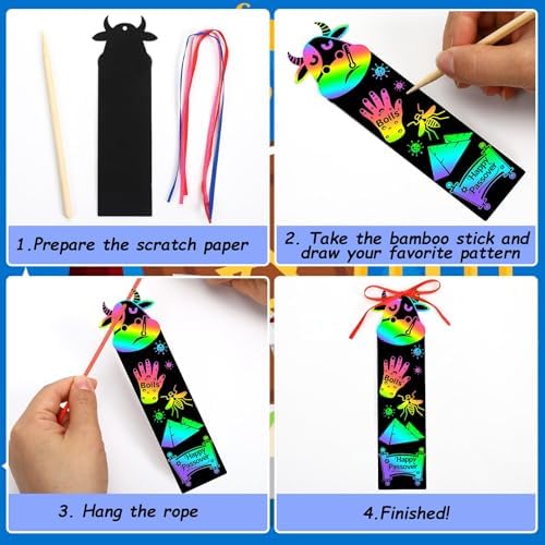 JUNEBRUSHS 30Pcs Passover Scratch Bookmarks, Rainbow Magic Scratch Paper Art Passover DIY Craft Kit for Students Classroom Activity Party Favors