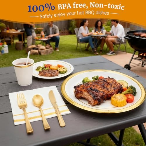 AIRE Gold White Paper Plates Set, 350PCS Disposable Tableware for 50