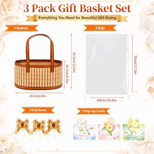 3 Pack Baskets for Gifts Empty, Large Bamboo Woven Gift Basket with Handles, Reusable DIY Gift Baskets Empty Kit with Wrap Bags, Pull Bows and Cards for Christmas, DIY Holiday, Birthday, Registry Gifts
