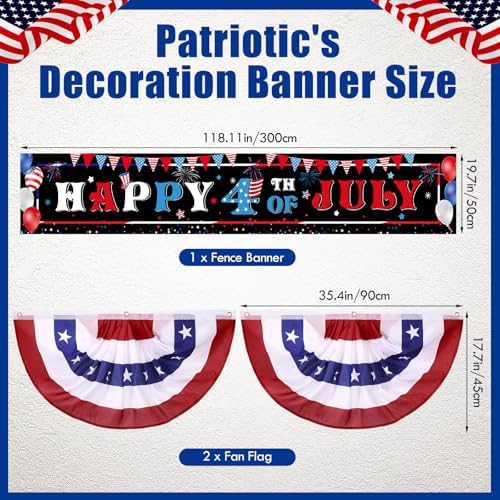Tiamon 3 Pcs Patriotic Decorations 4th of July Banner with Bunting Fan Flags Red White and Blue Pleated Half Fan Banner American Flag Backdrop for Independence Memorial Day Party Supplies Outdoor