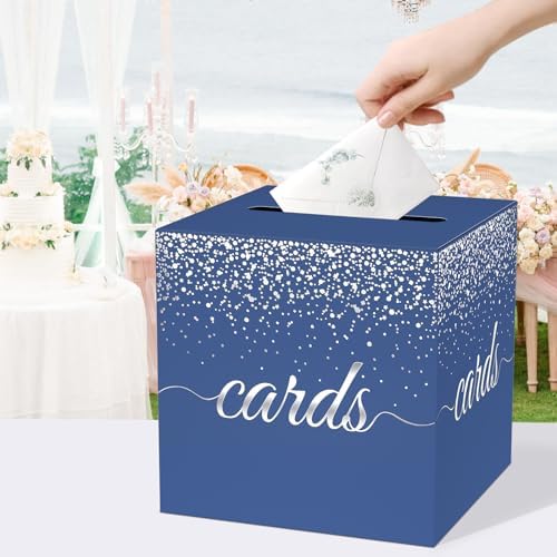 WNINK Blue Silver Cards Box, Cards Receiving Box For Birthday, Graduation, Wedding, Bridal or BabyShower,Anniversaries, Retirements, Engagement Party Decorations Supplies Money Box